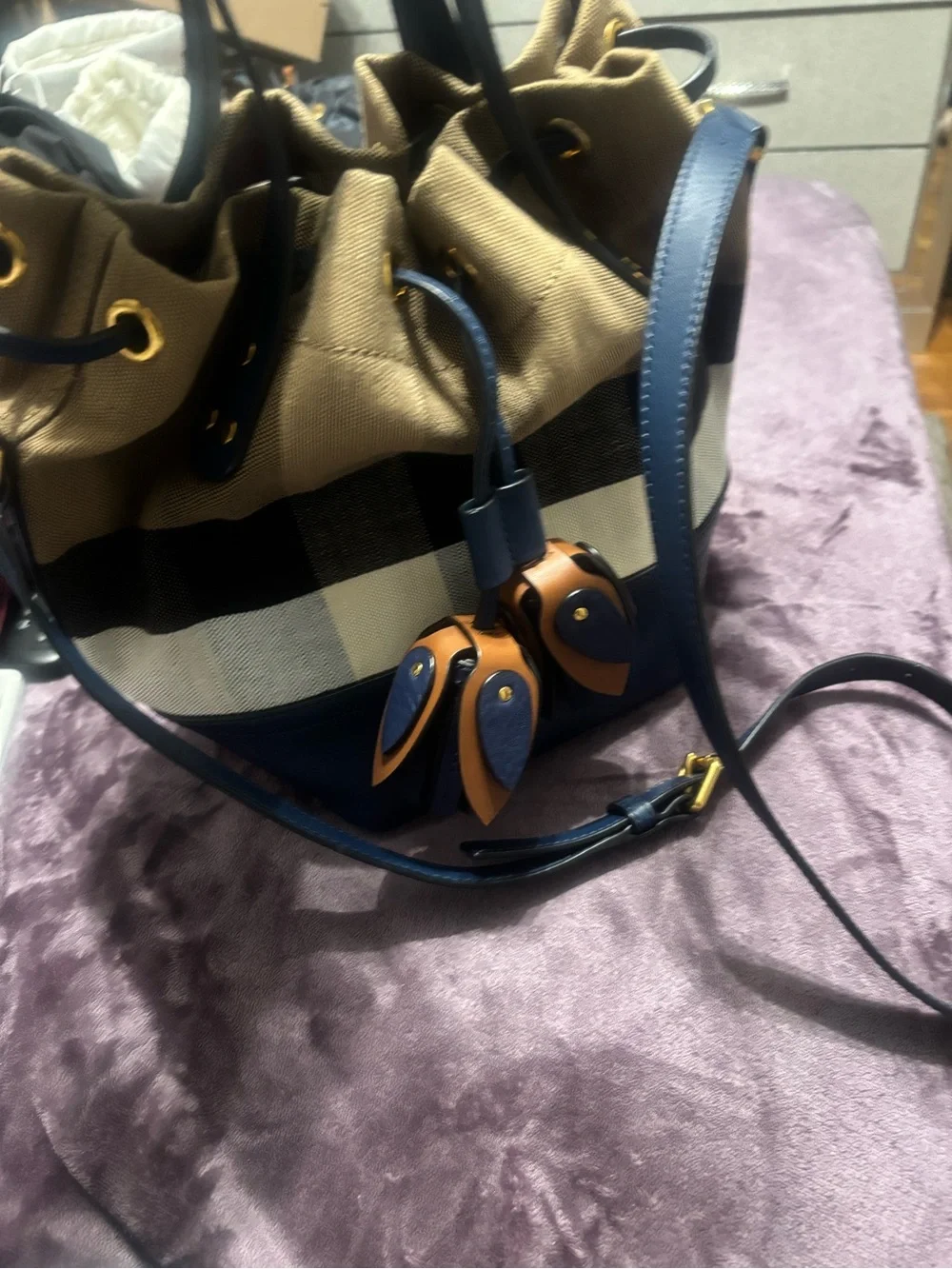 Burberry Tan, Navy & Black Check Drawstring bucket/tote Shoulder Bag